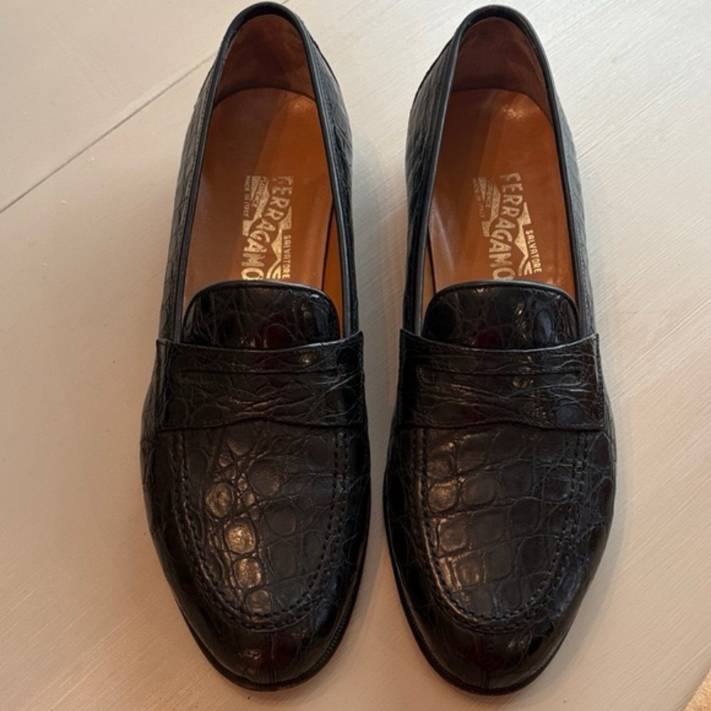 Salvatore Ferragamo Black Croc-Embossed Leather Penny Loafers
